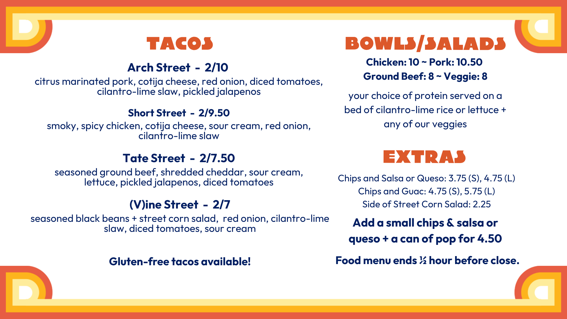 Shorty's taco and extras menu featuring Arch Street, Short Street, Tate Street and Vine Street tacos